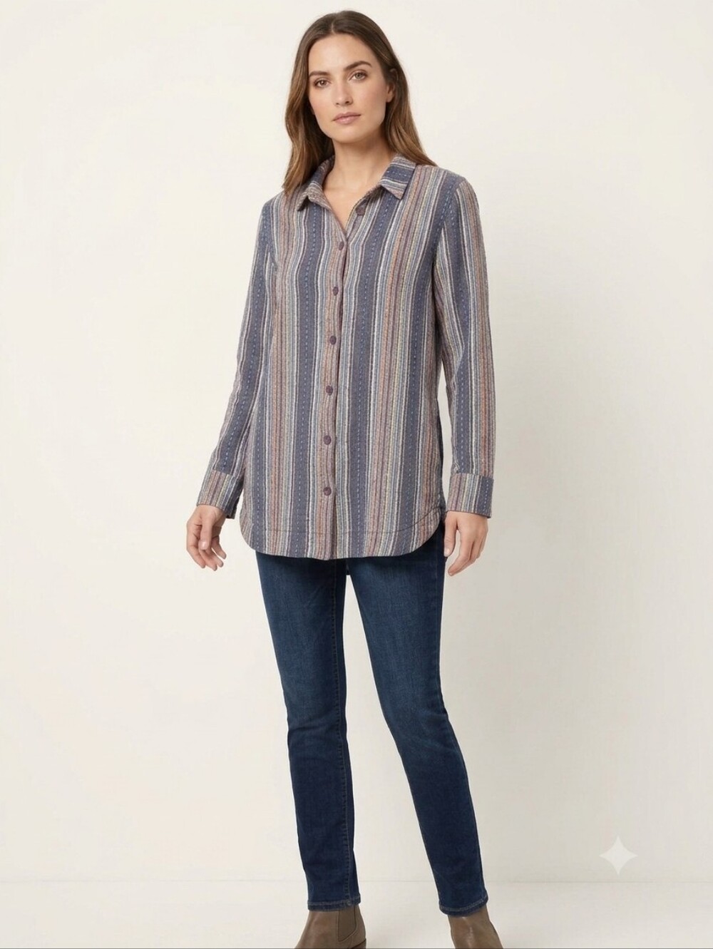 Soft Surroundings Shirina Tunic Blouse Embroidered Multicolor Strips Size M